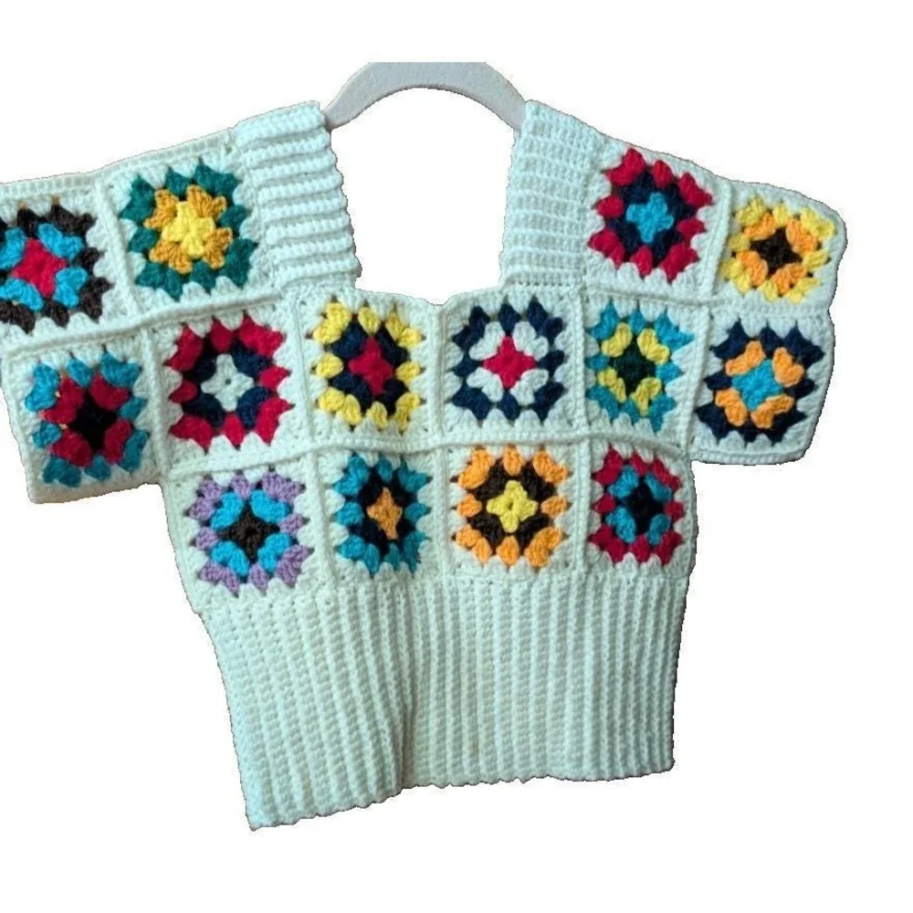 Handmade Crochet Granny Square Crop Top  Boho Hippie Multi Cream